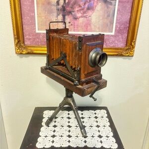 Vintage Wooden Box Camera with Tripod